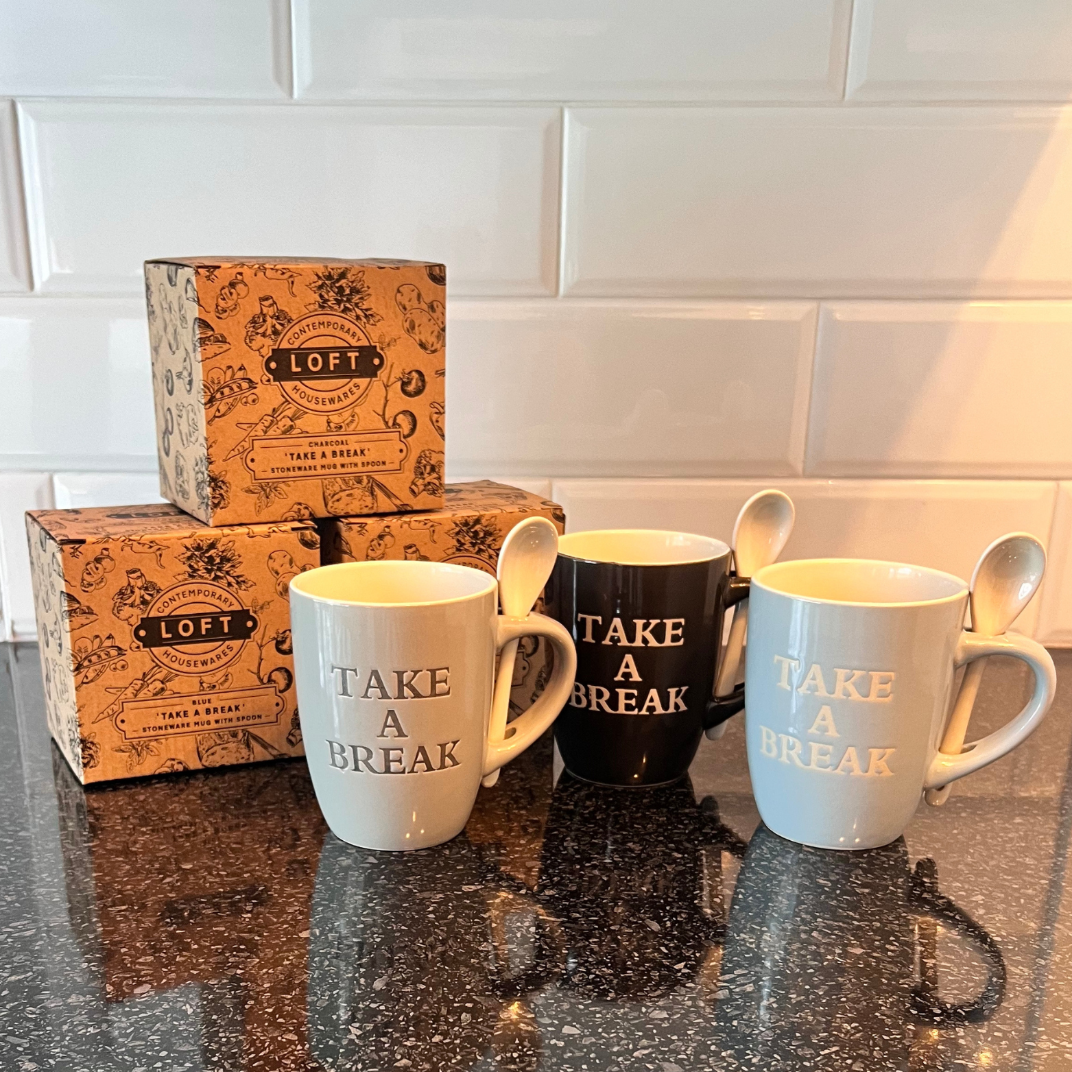 all three take a break mugs with boxes