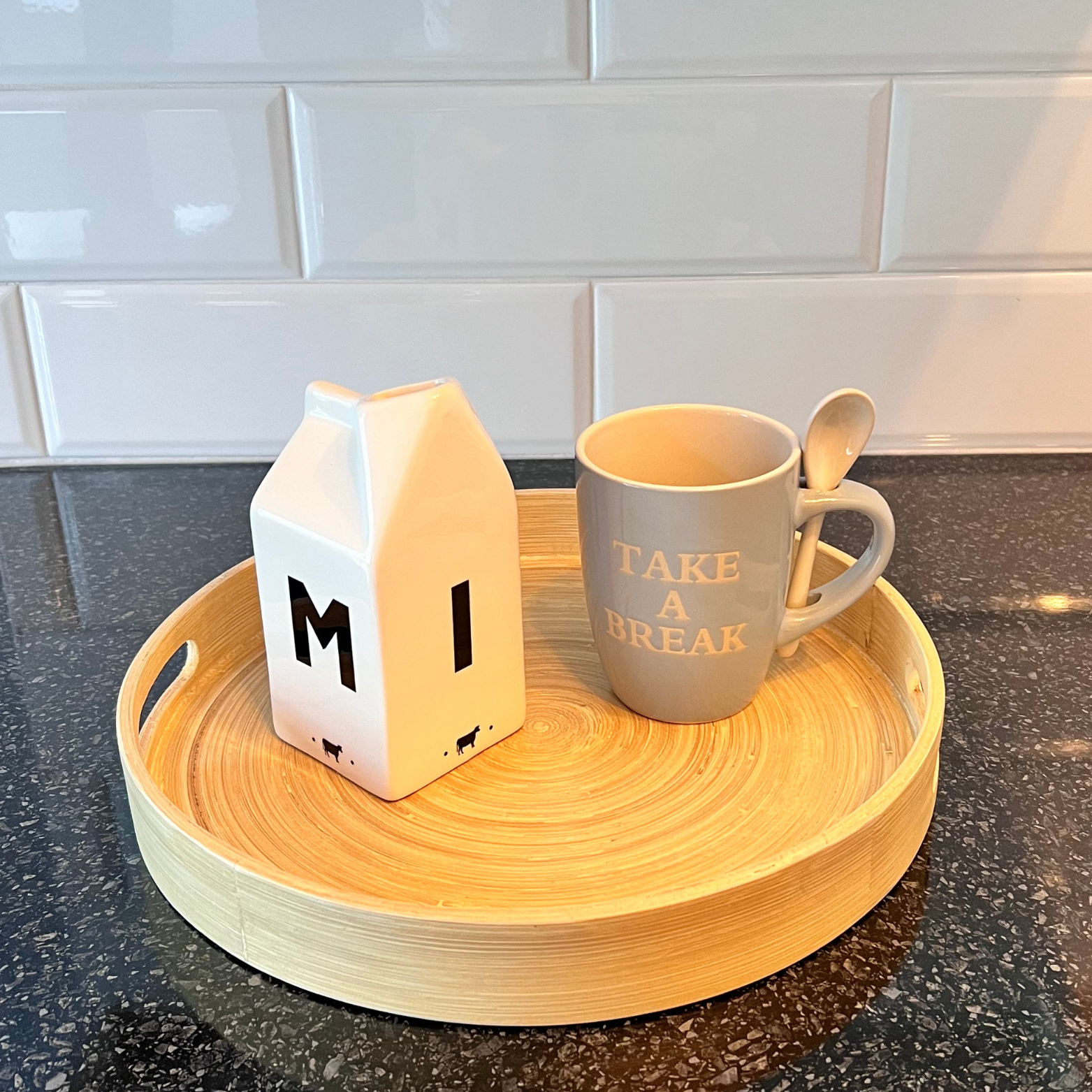 blue take a break mug with milk jug