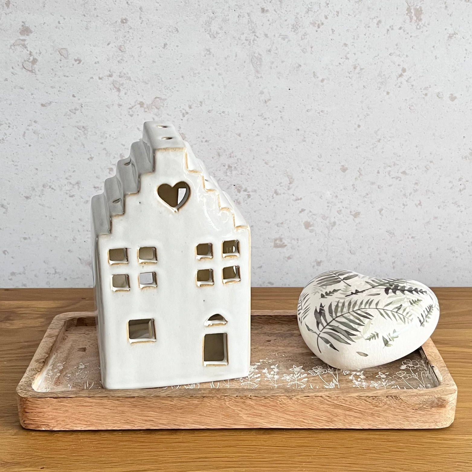 dutch house tea light holder with fern heart