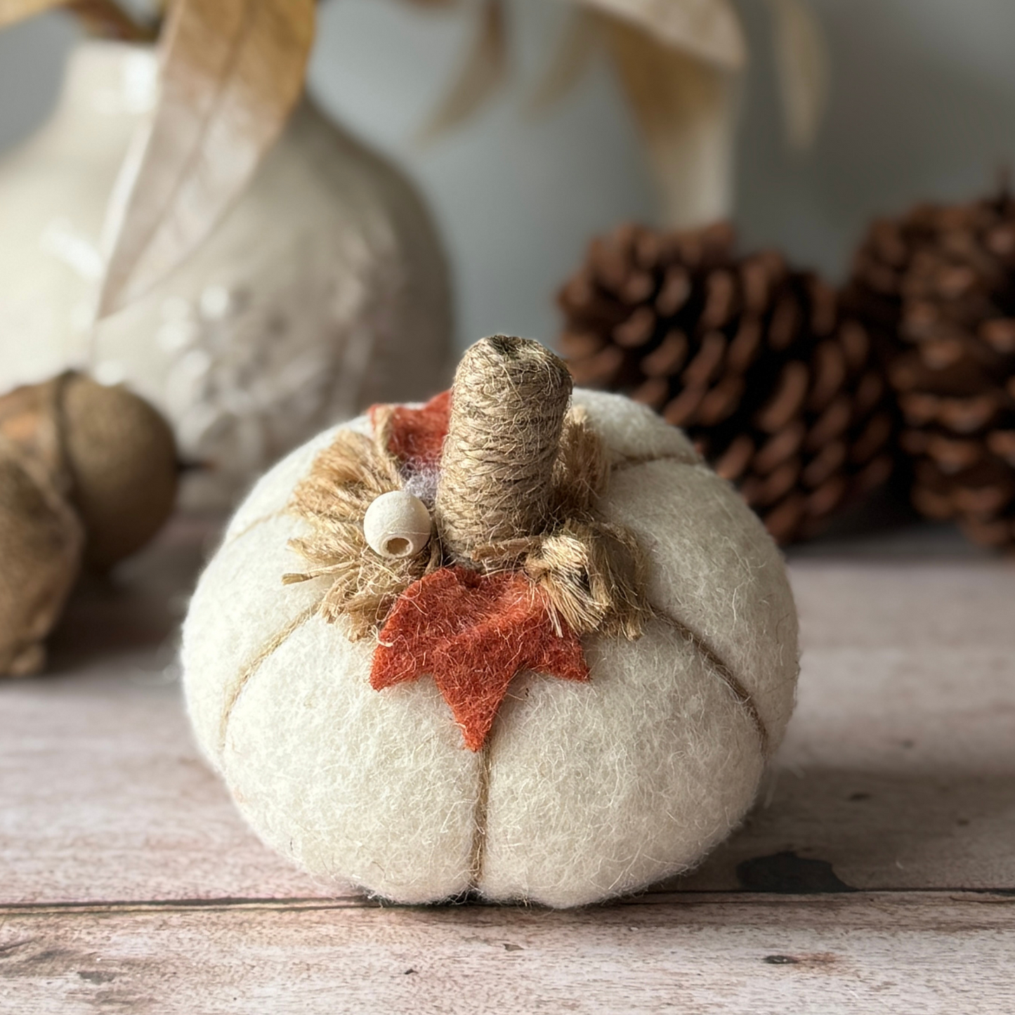 Decorative white pumpkin with autumnal elements on a wooden surface