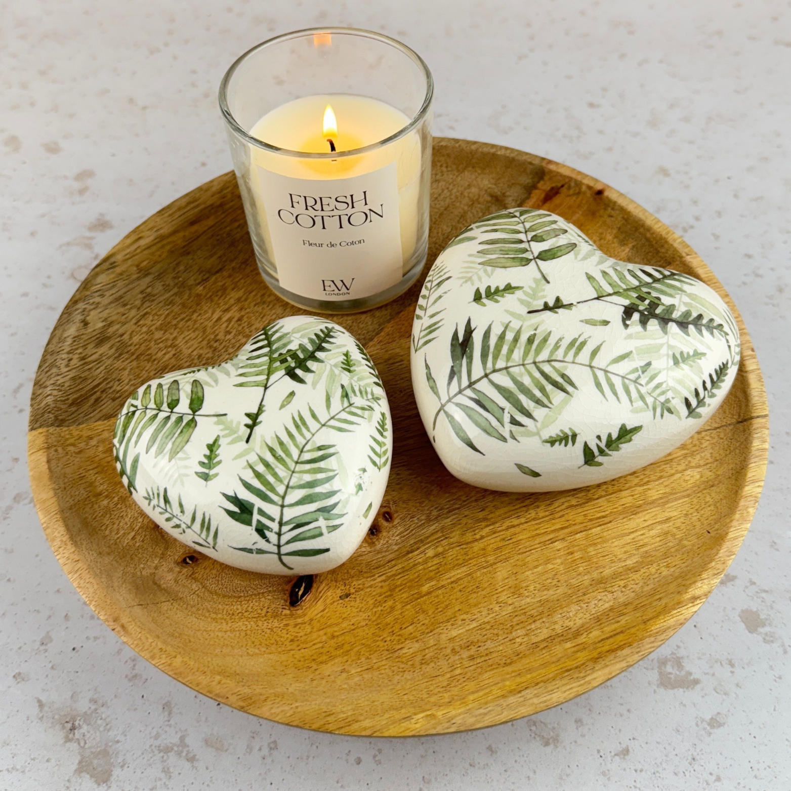 fern heart duo with fresh cotton candle