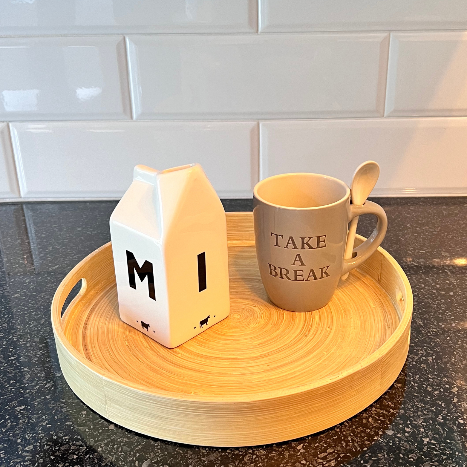grey take a break mug with milk jug