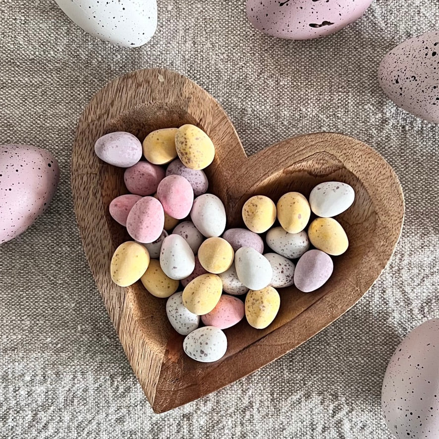 heart dish with mini eggs