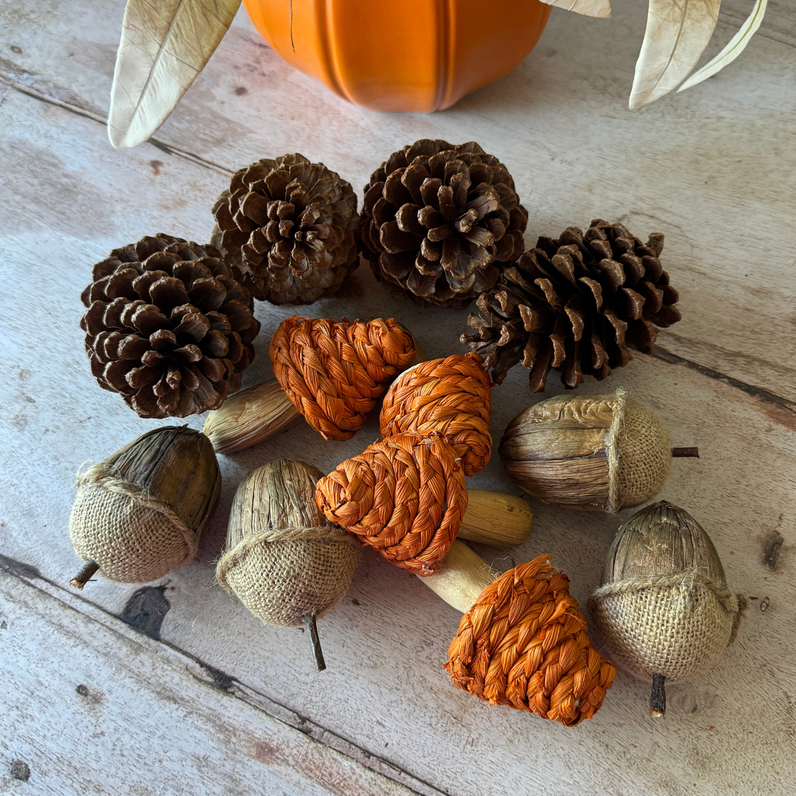 autumnal decorations of pinecones mushrooms and acorns