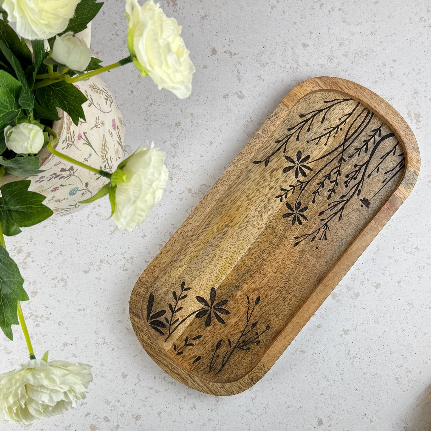 Flower Etched Wooden Tray