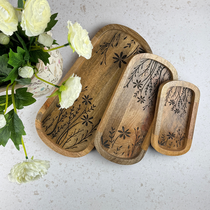 Flower Etched Wooden Tray