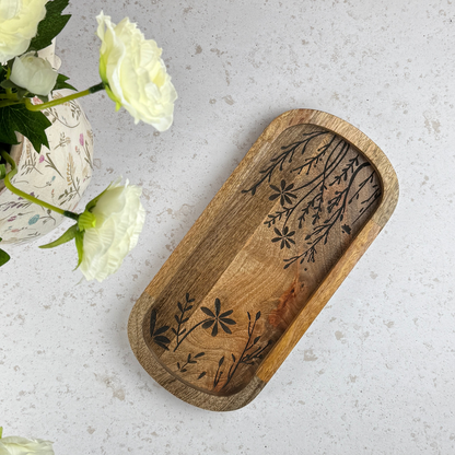 Flower Etched Wooden Tray