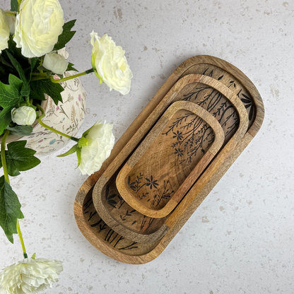 Flower Etched Wooden Tray