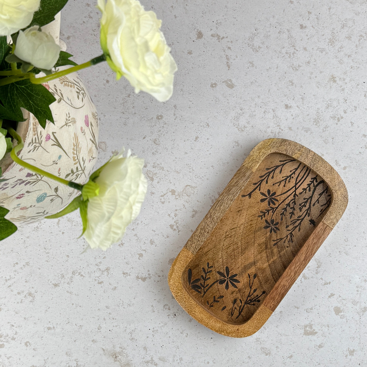 Flower Etched Wooden Tray