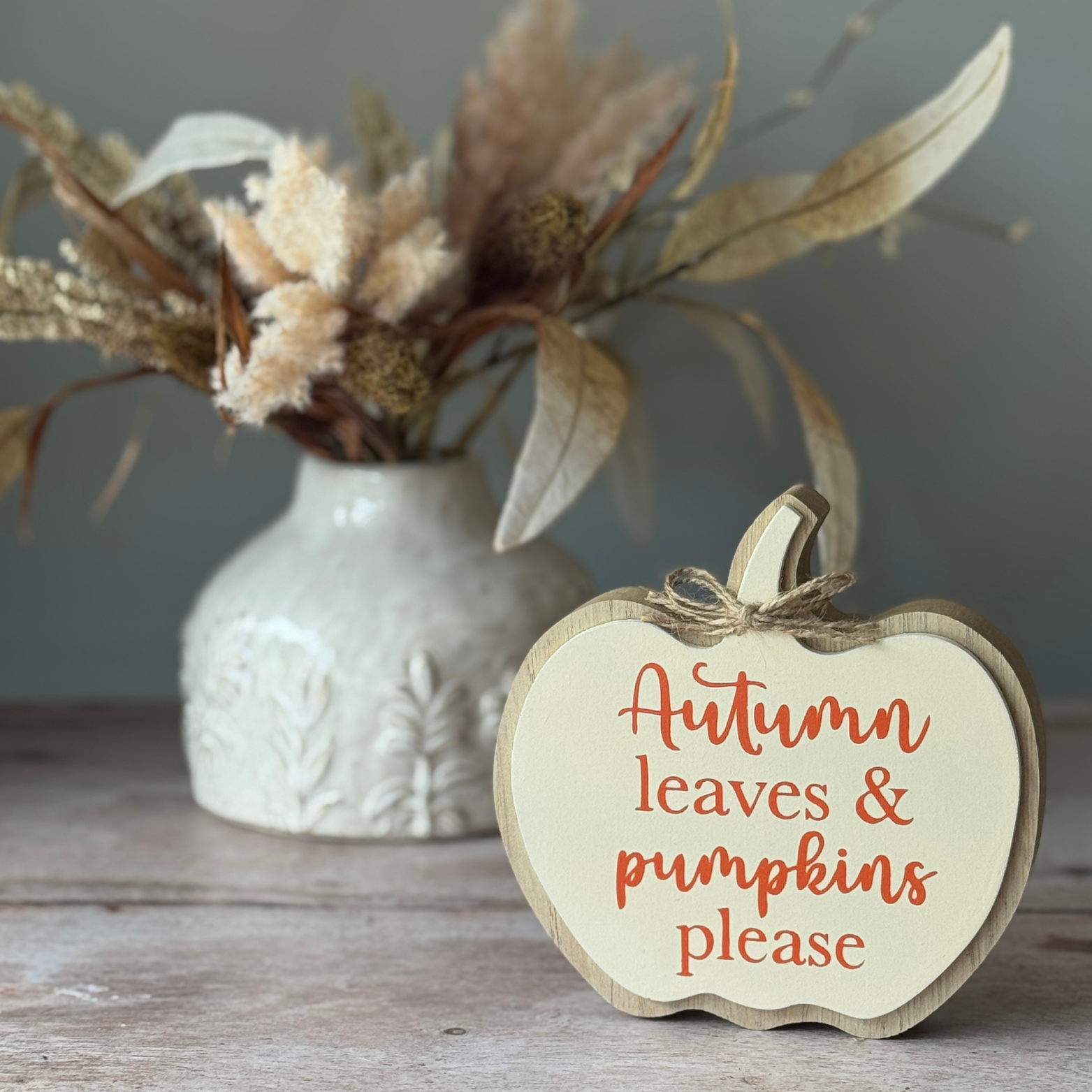 Wooden sign with 'Autumn leaves & pumpkins please' text in front of a vase with dried flowers.