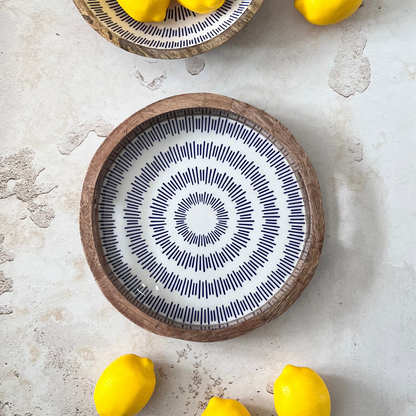 handcrafted mango wood tray with enamel print design