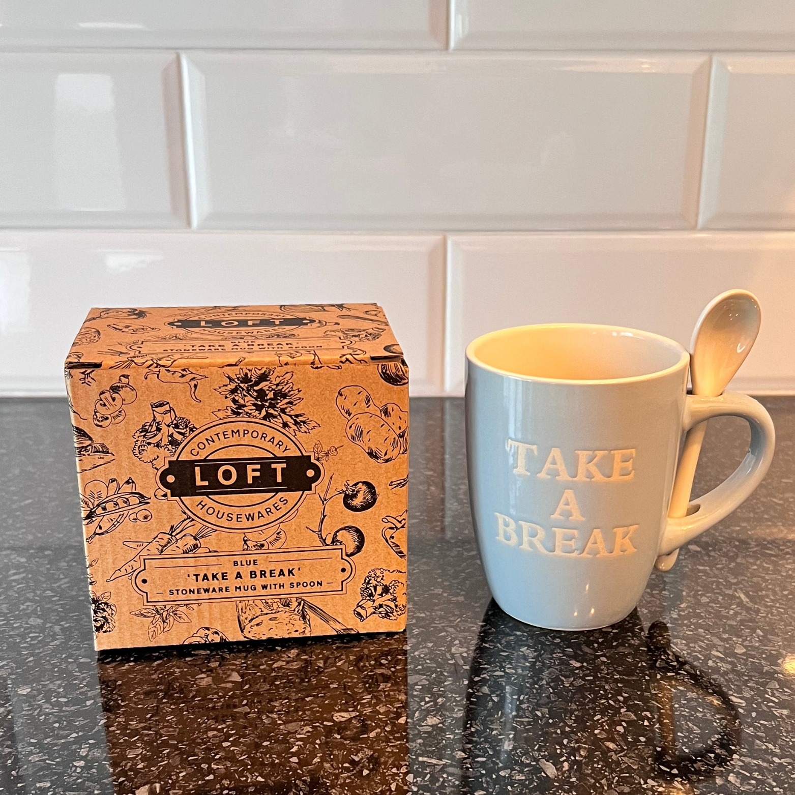 blue take a break mug with box