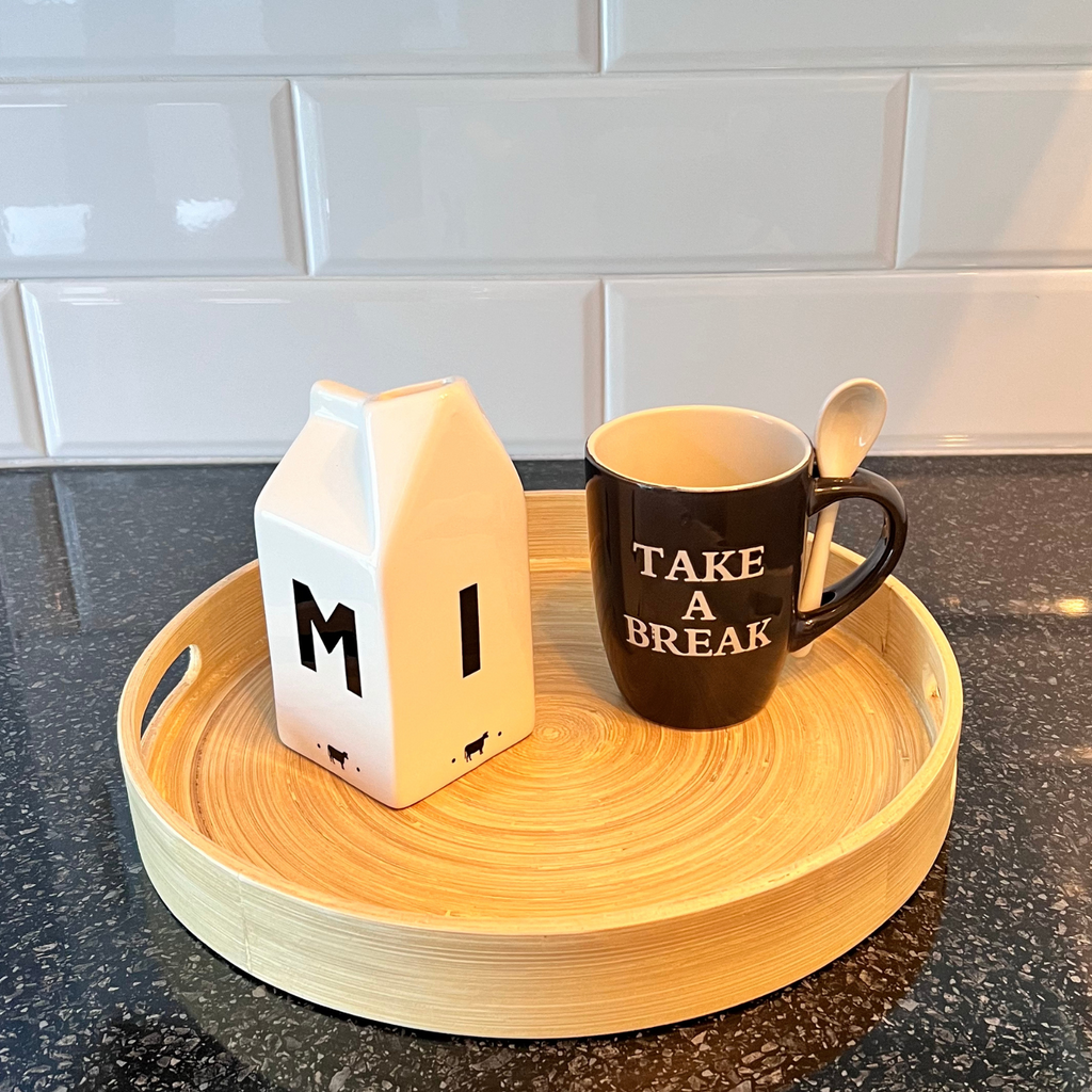 charcoal take a break mug with milk jug