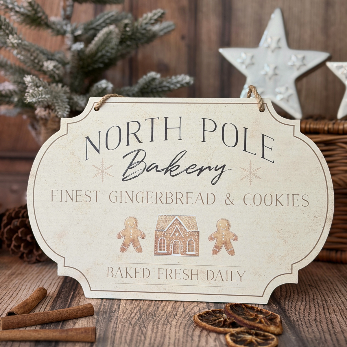 North Pole Bakery sign featuring two gingerbread men and a gingerbread house. Styled with Christmas foliage on a dark background.