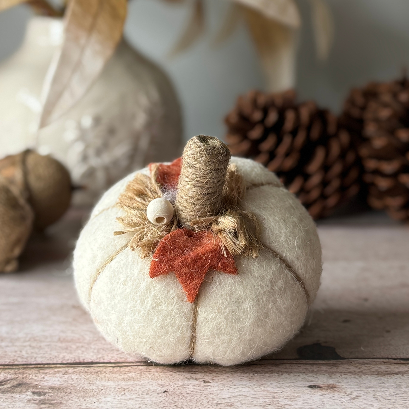 Decorative white pumpkin with autumnal elements on a wooden surface