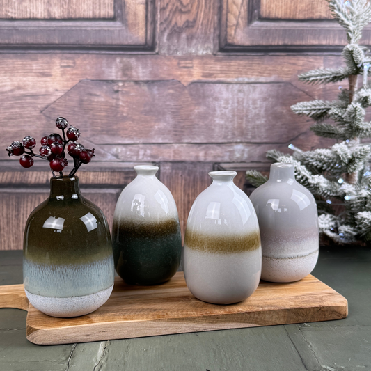 four bud vases ombre in green and grey