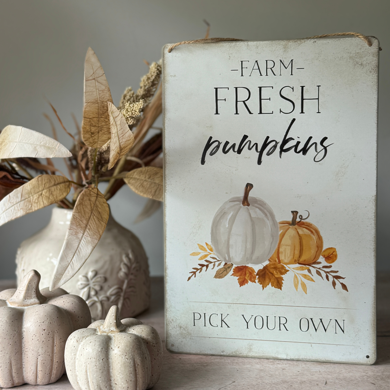 Decorative sign with 'Farm Fresh Pumpkins' text and pumpkin illustrations, surrounded by ceramic pumpkins and leaves.