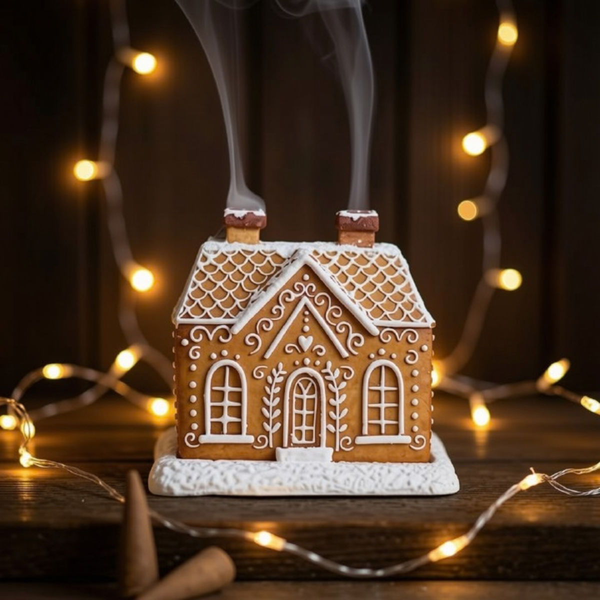 A gingerbread house-shaped incense burner with white icing-style detailing, shown on a dark wooden surface with warm string lights blurred in the background. Smoke rises from the top, and the product is centre of the frame.