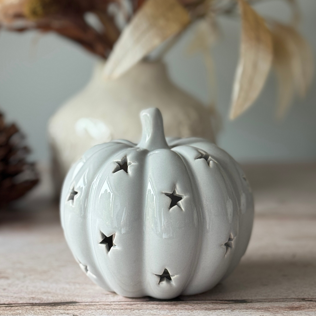 grey pumpkin tea light holder with star cut out