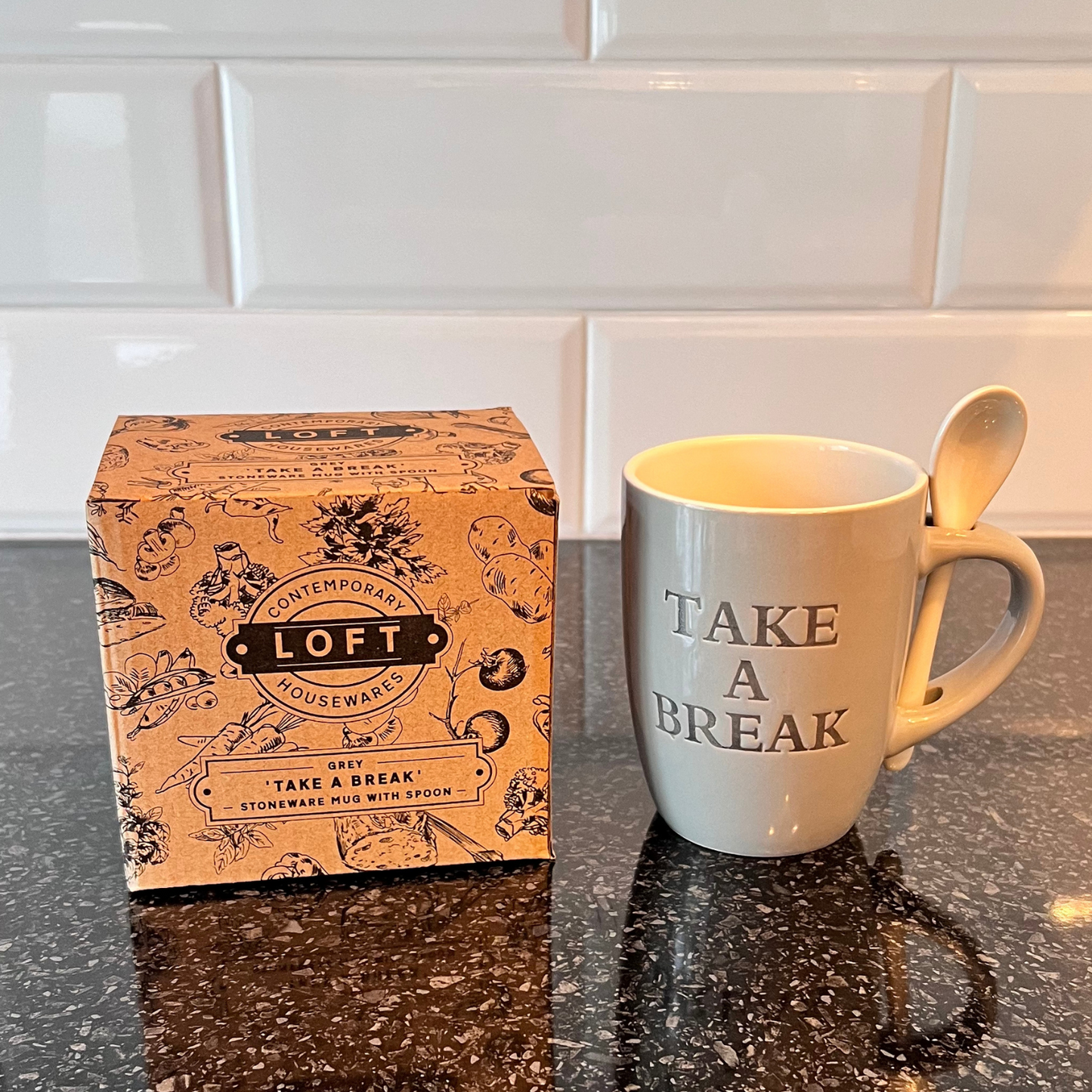 grey take a break mug with box