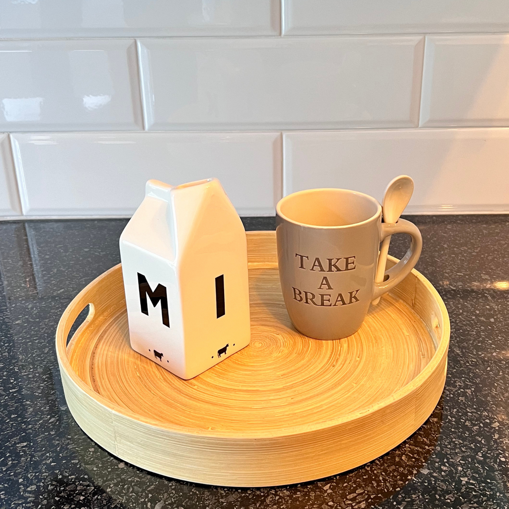 grey take a break mug with milk jug