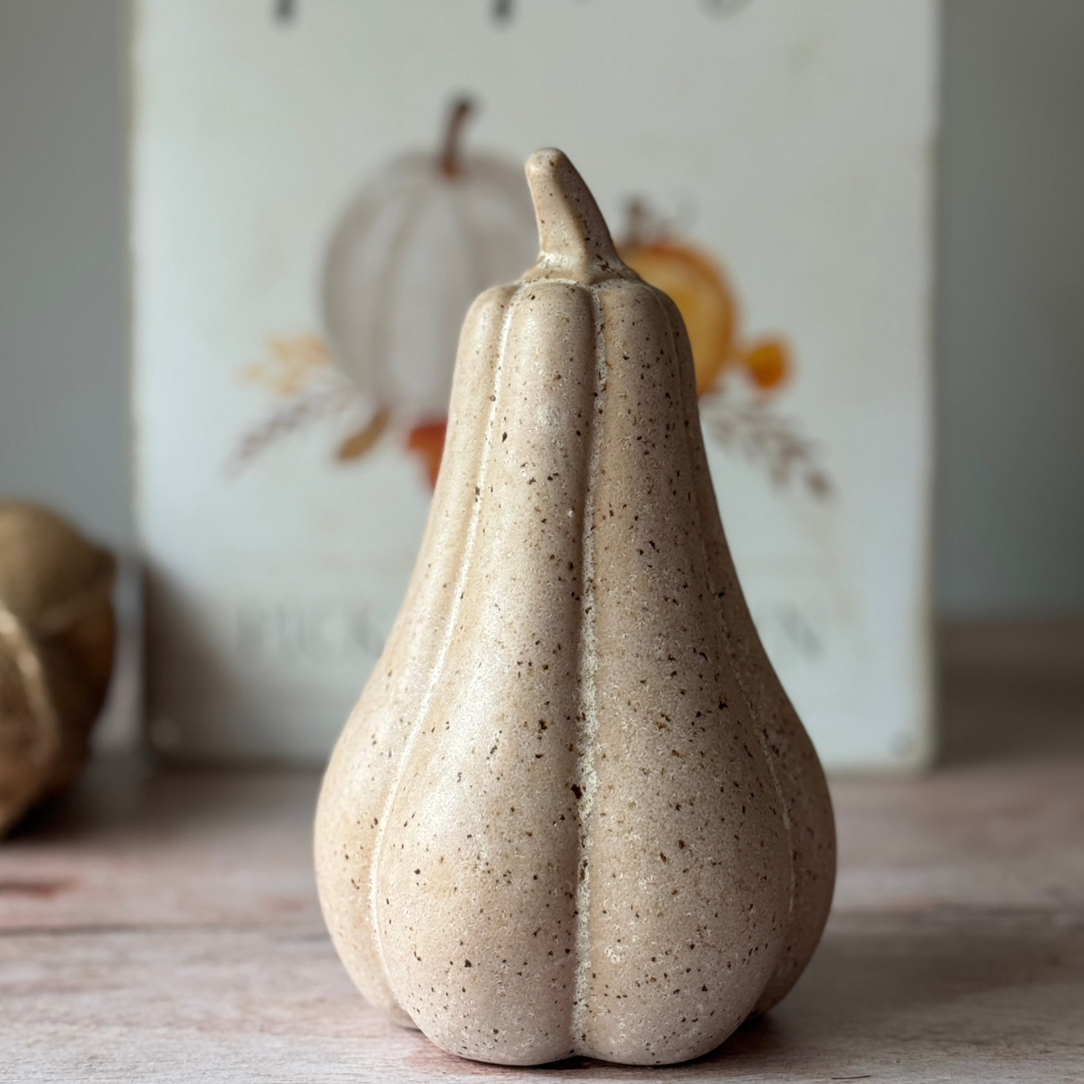 Speckled ceramic squash on a wooden surface with a blurred background