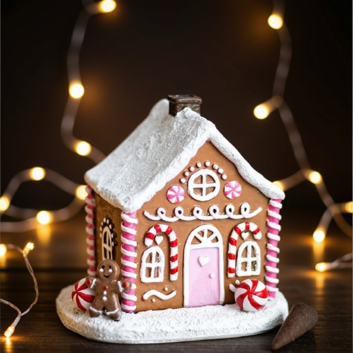 A decorated gingerbread house ornament with white icing snow, pink door, red-and-white candy cane details, and a small gingerbread figure beside it, photographed on a dark surface with warm string lights blurred in the background.