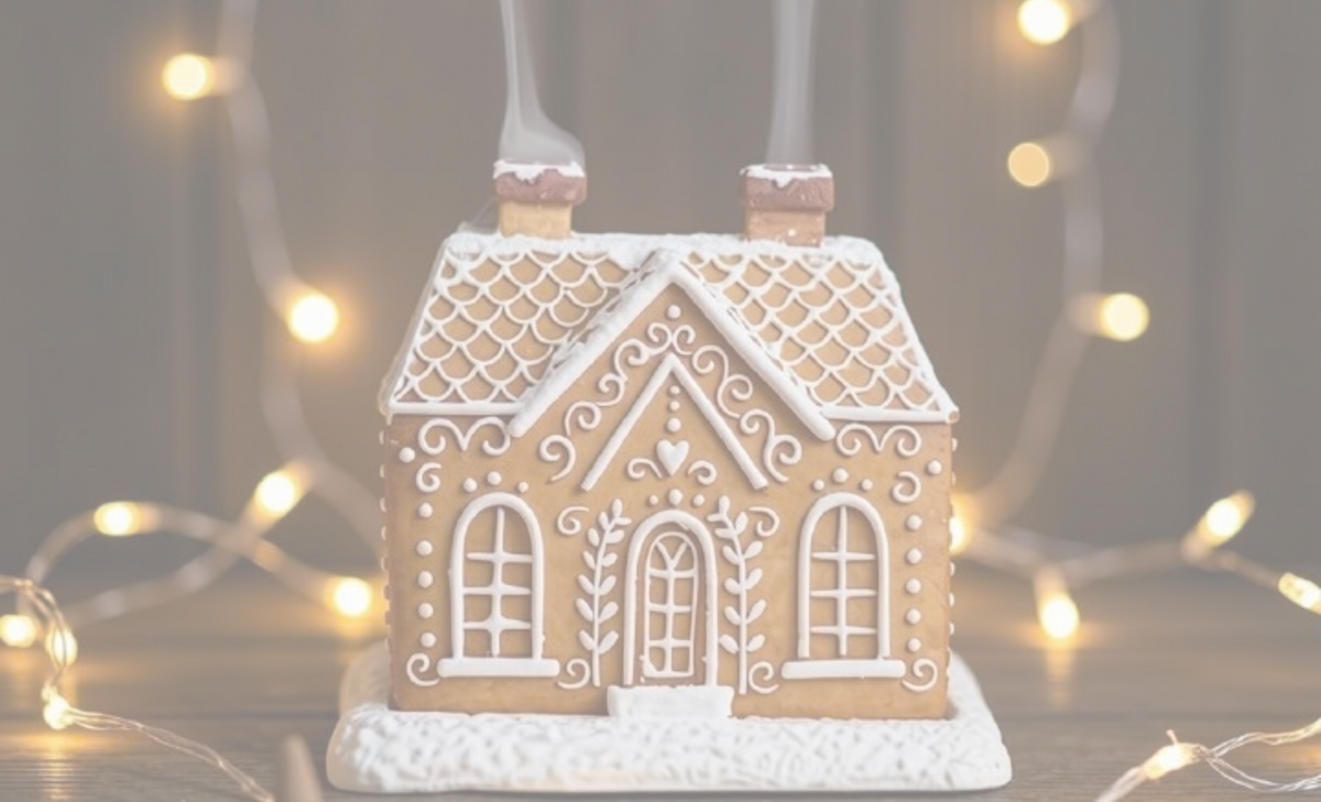 A gingerbread house-shaped incense burner with white icing-style detailing, shown on a dark wooden surface with warm string lights blurred in the background. Smoke rises from the top, and the product is centred in the frame.