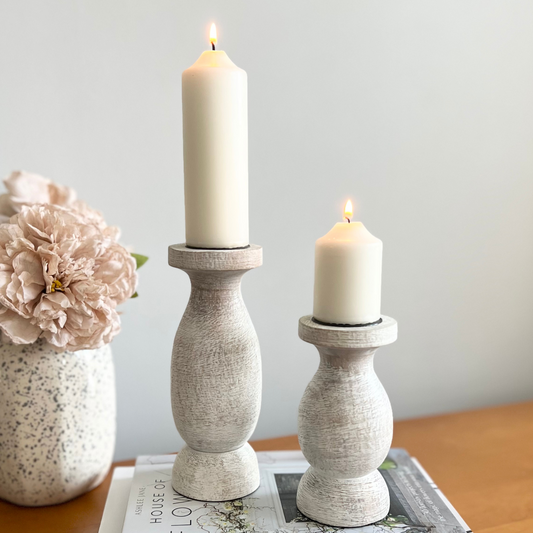 rustic candle holder duo lit