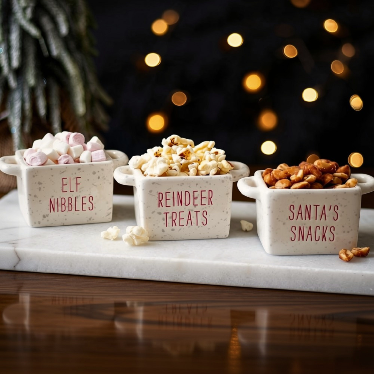 Three small speckled cream ceramic snack bowls labeled 'ELF NIBBLES,' 'REINDEER TREATS,' and 'SANTA'S SNACKS' filled with marshmallows, popcorn, and peanuts, arranged on a white marble board with a dark festive background and warm string lights.