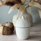 White ceramic acorn-shaped container with textured lid on a wooden surface with decorative elements.