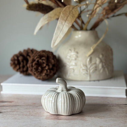 White ceramic pumpkin on a wooden surface with a decorative vase and pinecones in the background.