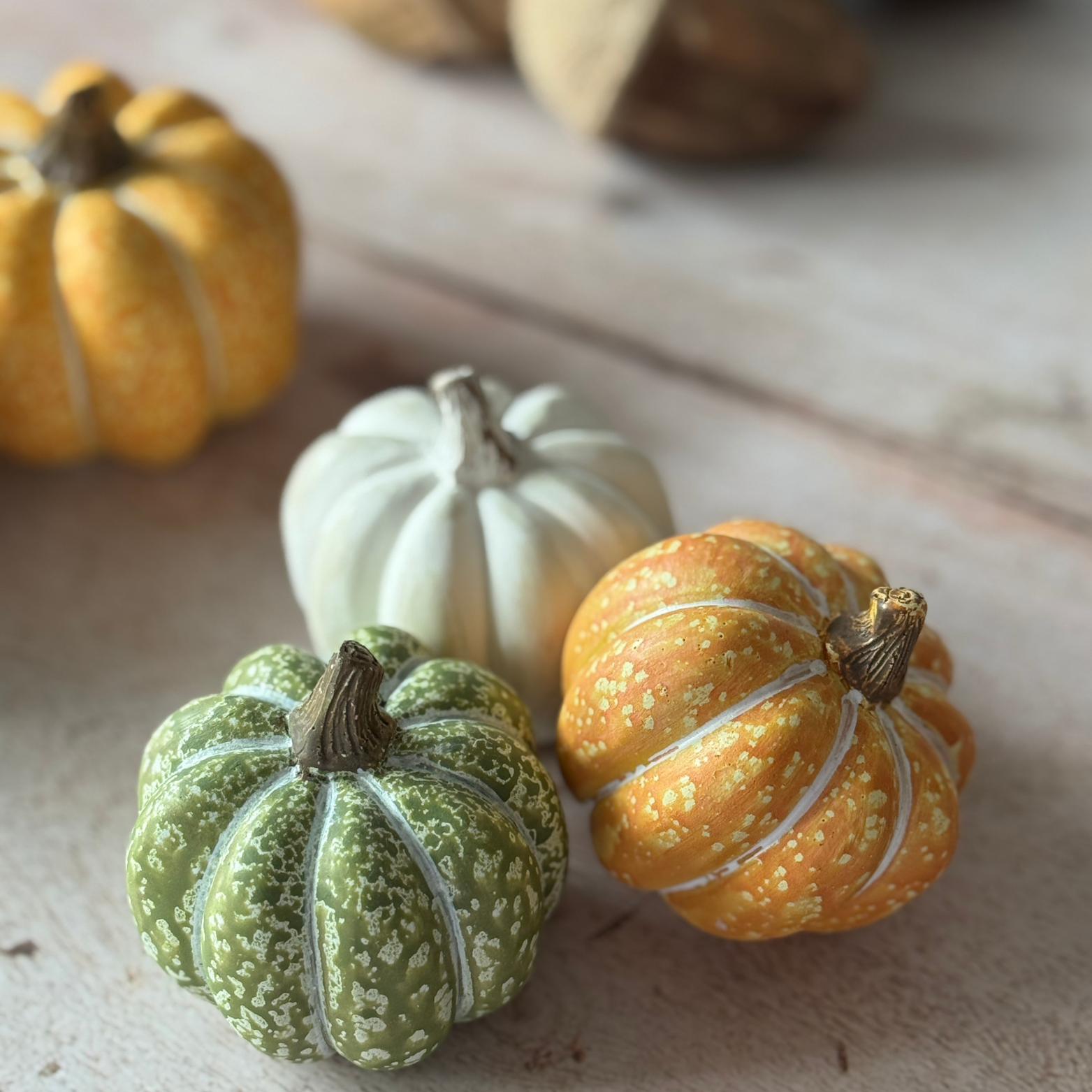 Three small pumpkins in green, white, and orange on a wooden surface.