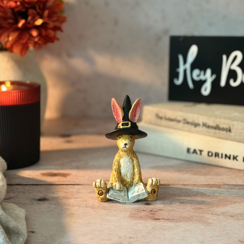 A small decorative rabbit figurine wearing a black witch hat and sitting with an open book, placed on a wooden tabletop in a styled indoor setting with a candle, flowers, books, and a sign in the background.