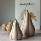 Decorative squash on a wooden surface with a 'Pumpkins' sign in the background.