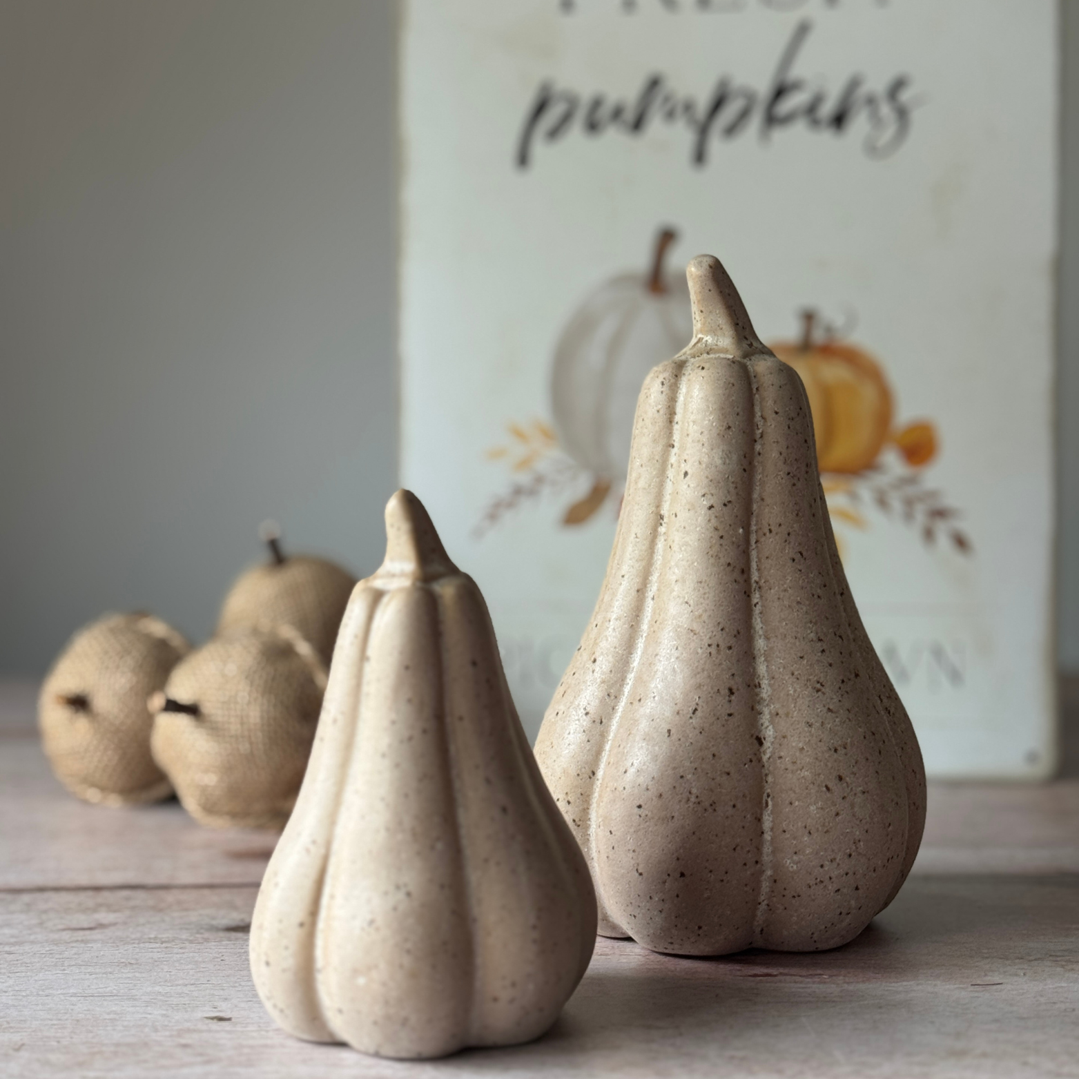 Decorative squash on a wooden surface with a 'Pumpkins' sign in the background.