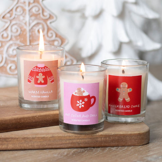 sugar plum candle set warm vanilla, hot cocoa and chill and gingerbread cookie arrives in a presentation box