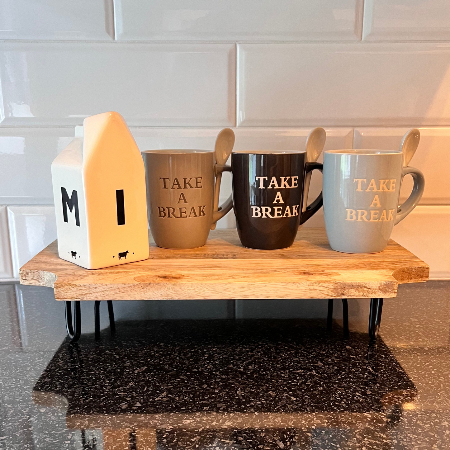 take a break mugs with milk jug