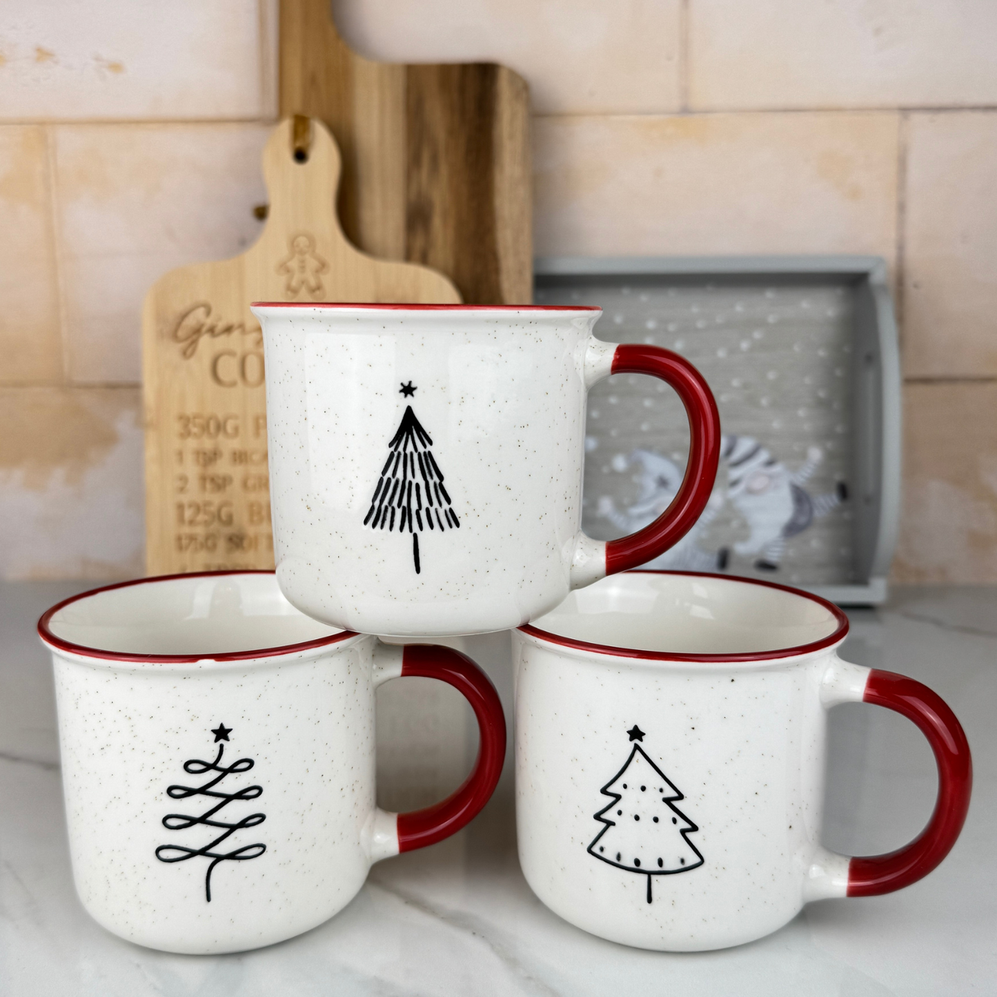 white christmas tree mug trio