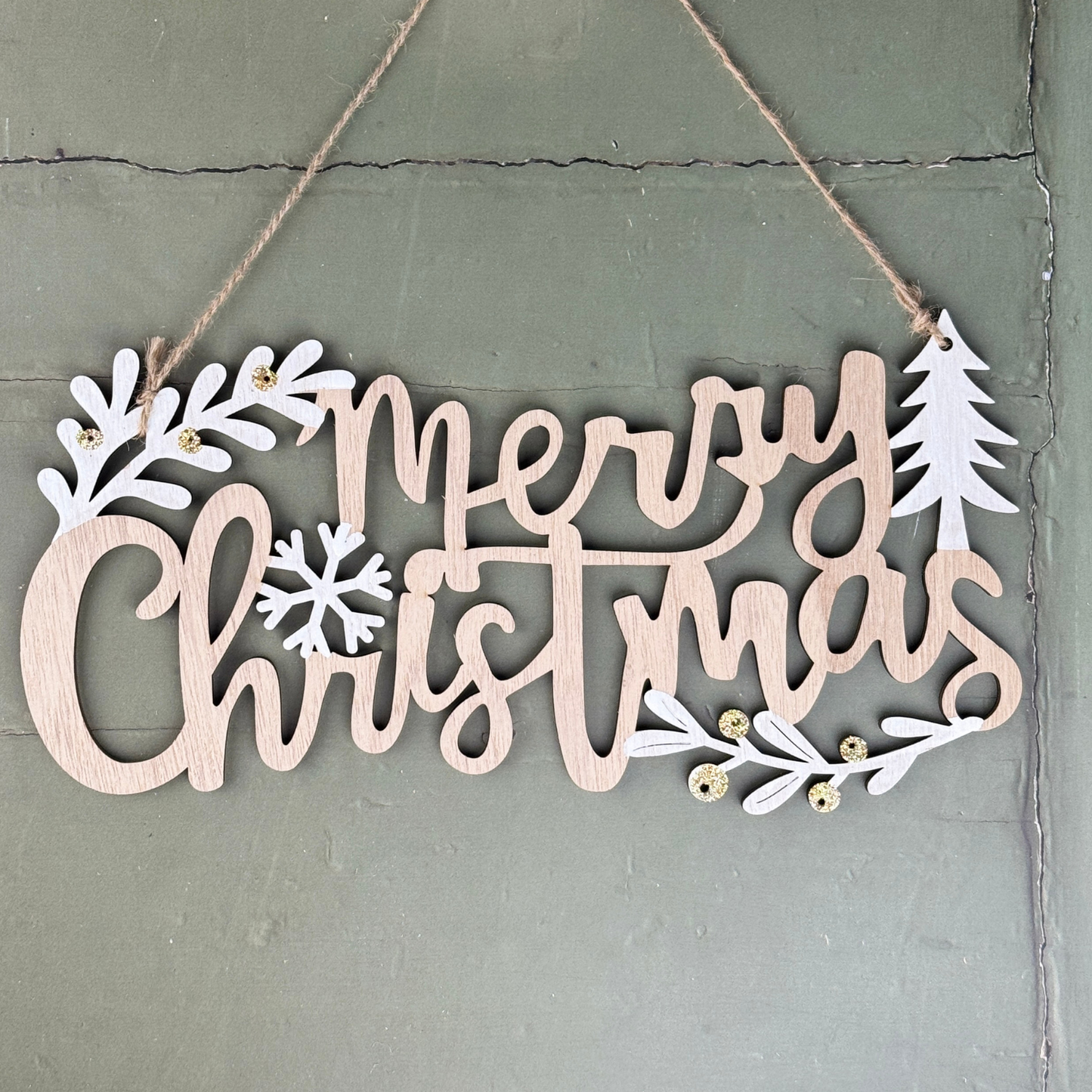 wooden merry christmas sign with white and gold accents